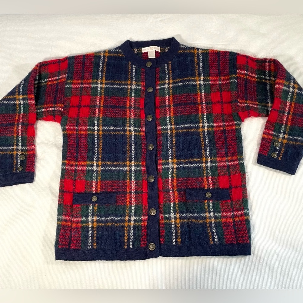 Cape Isle Knitters mohair blend plaid cardigan, size medium
